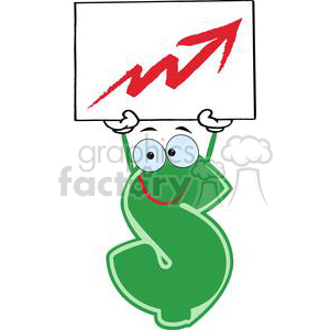 A clipart image of a smiling green cartoon dollar sign character holding a sign with a red upward-trending arrow, symbolizing financial growth or success.