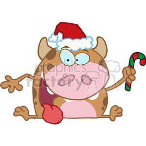 A funny cartoon cow wearing a Santa hat and holding a candy cane.