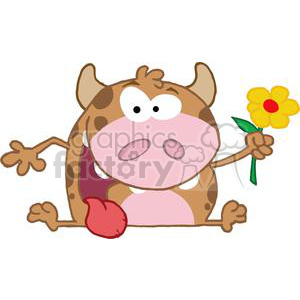 This clipart image features a whimsical, cartoon-style cow with large, exaggerated features such as big white eyes and a round, pink snout. The cow has a patchy brown and white body, small brown horns, and a drooping red tongue. It is holding a yellow flower with a green stem in one hand.