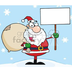 Cartoon Santa Claus holding a blank sign with a bag of gifts over his shoulder, standing in a snowy setting.