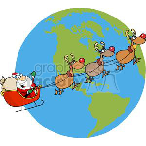 Clipart of a cheerful Santa Claus in his sleigh being pulled by reindeer, flying over a large Earth in a festive Christmas theme.