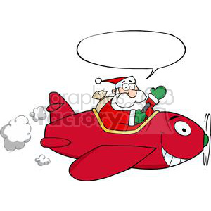 A humorous Christmas-themed clipart featuring Santa Claus flying a cartoonish, smiling red airplane with a speech bubble.