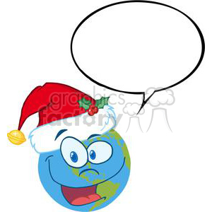 A cartoon Earth wearing a Santa hat with a speech bubble, conveying a festive holiday theme.