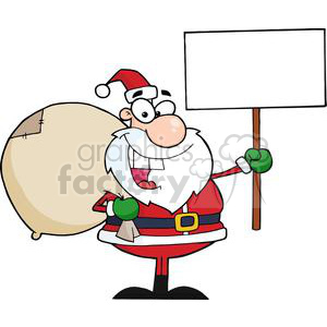 A humorous cartoon Santa Claus holds a sack and a blank sign, perfect for holiday greetings or messages.