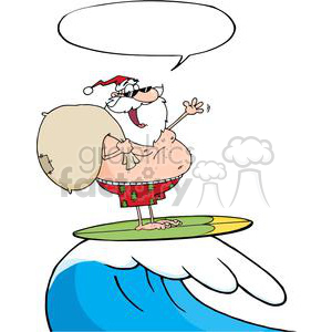 Cartoon Santa Claus surfing on a wave, wearing sunglasses and Christmas-themed shorts.