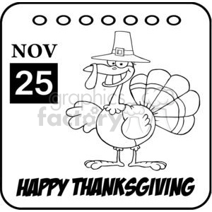 A funny cartoon turkey wearing a pilgrim hat, smiling on a calendar page marked 'Nov 25'. The image includes the text 'Happy Thanksgiving'.