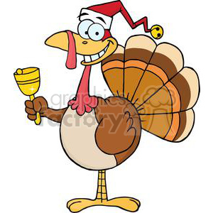 A humorous cartoon turkey wearing a Santa hat and holding a bell, symbolizing a festive Thanksgiving theme.