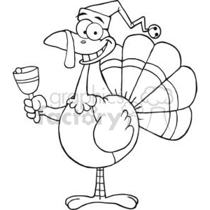 A humorous cartoon turkey wearing a festive hat and holding a bell, symbolizing a playful Thanksgiving theme.