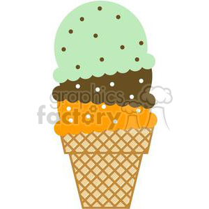 Clipart image of a three-scoop ice cream cone with flavors chocolate, mint, and orange on a waffle cone.