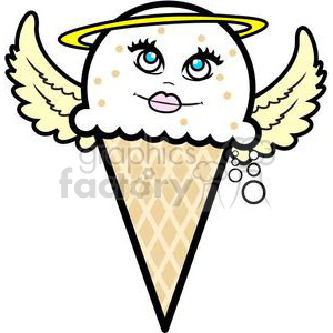 A whimsical clipart image of an ice cream cone with a vanilla scoop designed as an angel, featuring wings and a halo.