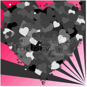 A clipart image of layered black, gray, and white hearts forming a larger heart shape on a pink and black sunburst background.