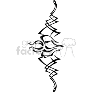 A symmetrical black tribal tattoo design with curved and angular elements, featuring an abstract central pattern and mirrored zigzag lines above and below.