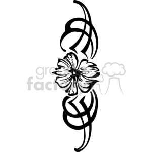 This clipart image features a stylized black and white floral design with intricate swirls and a central flower.