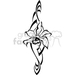 A black and white clipart featuring a stylized orchid flower with abstract, flowing lines.