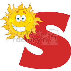 A cheerful, smiling sun with a playful expression, positioned next to a large, bold red letter 'S'.