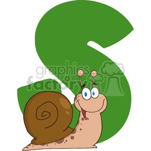 The clipart image depicts a cartoon snail with a large, coiled shell. The snail has exaggerated features, including large, round, googly eyes on extended eyestalks and a wide, smiling mouth with its tongue sticking out. The snail is placed in front of a large green letter 'S,' which suggests the snail might be used as part of an educational display or material to represent the letter 'S' as in snail.