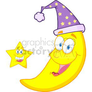 A cheerful clipart featuring a crescent moon wearing a purple nightcap with yellow stars and a smiling star.
