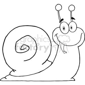   The clipart image shows a cartoon snail. The snail is depicted with a large spiral shell and a comical facial expression. It has large, round eyes on stalks and seems to be smiling or grinning. The snail