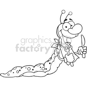 This clipart image features a cartoonish worm with a comical expression. The worm has a big, smiling face with protruding eyes on antenna-like stalks. It holds a knife and fork in a posture that suggests it is ready to eat and seems eager or hungry. The body of the worm is segmented, with small dots decorating some of the segments, implying texture. The worm has a leaf or foliage tied like a bib around its neck, further emphasizing the theme of mealtime or hunger.