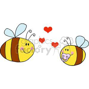 Cute clipart image of a smiling adult bee and a baby bee with a pacifier, depicted with red hearts floating between them.