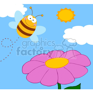 This clipart image features a cheerful cartoon bee flying near a large pink flower with a yellow center. The background shows a bright blue sky with fluffy white clouds and a shining sun.