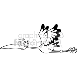 Cartoon illustration of a happy bird with a long beak flying.