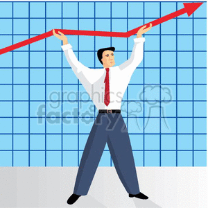 In this clipart, a man is holding a large red profit graph in both hands. He has his arms raised up in the air, and he looks to be in a triumphant pose. 