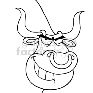 This is a black and white clipart image of a whimsical and exaggerated character of a bull. The bull is depicted with large, curved horns, a comical facial expression featuring a broad, toothy grin, and mischievous-looking eyes.