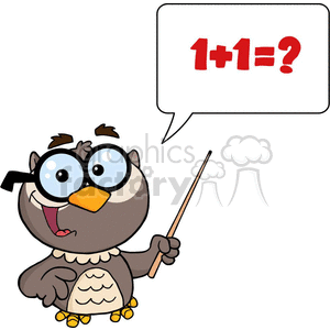 A cartoon owl character wearing glasses and holding a pointer, asking a math question '1+1=?' in a speech bubble.