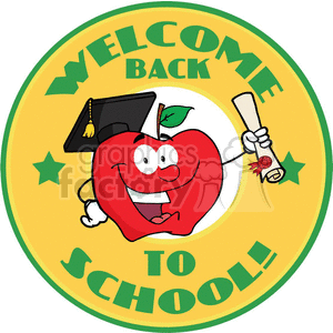 4287-Happy-Apple-Character-Graduate-Holding-A-Diploma-With-Text-Back-to-School-Yellow-Banner