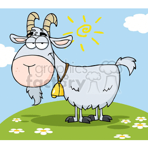 Cartoon image of a gray goat standing on a grassy hill with flowers, under a sunny sky with clouds.