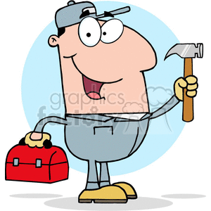 Funny Cartoon Construction Worker Holding Hammer and Toolbox