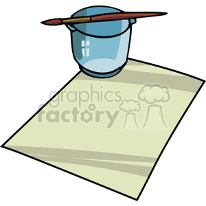 Clipart image of a paintbrush resting on a cup of water with a sheet of paper, representing art class supplies.