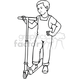 Black and white outline of a boy riding a scooter 