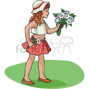 Cartoon girl holding a bouquet of flowers 