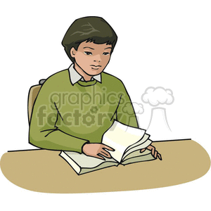 Cartoon student sitting at a desk reading a book