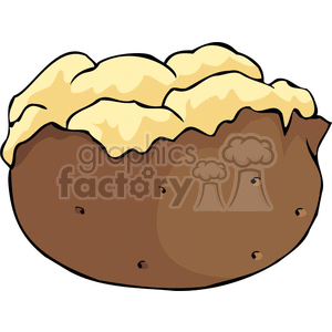 This clipart image features a baked potato topped with a generous amount of butter or possible melted cheese. The potato skin is intact and slightly brown, while the toppings create a fluffy and appetizing appearance.