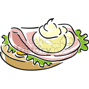 A clipart image of an open-faced sandwich with ham, lettuce, and a dollop of creamy sauce or mayonnaise on top.