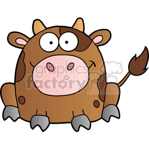 The clipart image depicts a cartoonish, stylized cow. The cow has a large round body with brown spots, a big pink snout, and is sitting down with a happy expression. It has wide, staring eyes and is looking directly at the viewer. The cow also has small horns, a tuft of hair on its head, and a tail with a tuft at the end.