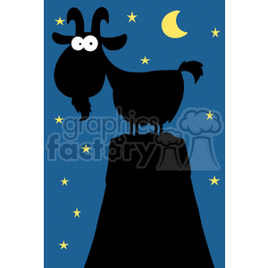 The clipart image features a stylized, funny-looking goat character standing atop a hill or mountain at night. The background is a dark blue sky speckled with yellow stars, and there is a crescent moon to the right of the goat. The goat itself is depicted in silhouette with exaggerated features such as large, comical eyes and oversized horns. The image gives off a whimsical and playful vibe.