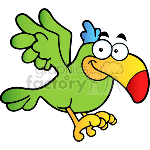 The clipart image features a funny, comical illustration of a tropical bird. The bird has a bright green body with a blue tail feather, a large yellow beak with a red tip, and big expressive eyes. Its pose appears goofy and whimsical as it seems to be walking with one wing raised as though waving.