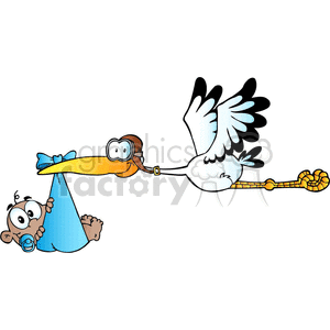 A cartoon stork wearing aviator goggles is delivering a baby in a blue blanket tied with a bow.