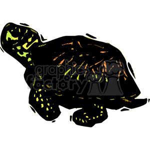 The image appears to be a stylized, graphical representation of a sea turtle, featuring a bold silhouette with splashes of yellow and orange detailing.