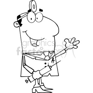 Cartoon doctor with a stethoscope and syringe in hand, wearing a medical coat and smiling.