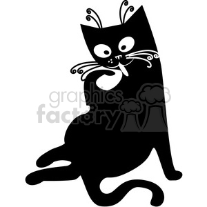 This image is a stylized black and white illustration of a cat. The cat features exaggerated large eyes, prominent whiskers, and decorative fur patterns.