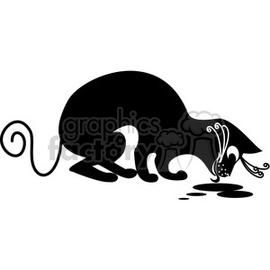The image is a black and white clipart of a black cat. The cat is depicted in a side profile, positioned as if it is sniffing or about to sip from some drips on the ground. The cat's features are stylized with elegant swirls and patterns especially noticeable in the ears, whiskers, and tail. 