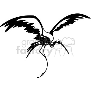   The image is a black and white vector illustration of a crane bird in mid-flight with its wings spread wide and its long legs trailing behind. The style is simplified and bold, making it suitable for vinyl cutting for decals or as a tattoo design due to its clear outlines and lack of intricate details. 