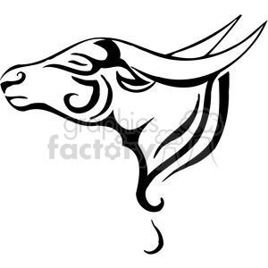 The clipart image depicts a stylized, abstract, vinyl-ready outline of an ox. It features bold, streamlined contours that emphasize the ox's head and horns, giving it an artistic and dynamic appearance suitable for various design uses, such as logos, decals, and graphic artwork.