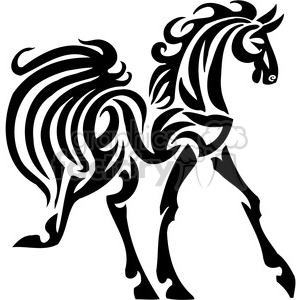 Elegant black and white tribal-style illustration of a horse with flowing mane and tail.