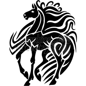 A black and white tribal-style clipart illustration of a horse with flowing mane and tail.